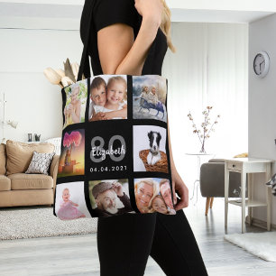 80歳の誕生日カスタム写真コラージュ女性ブラック トートバッグ