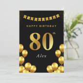 80歳の誕生日カード 黒と金の風船 カード (スタンド正面)