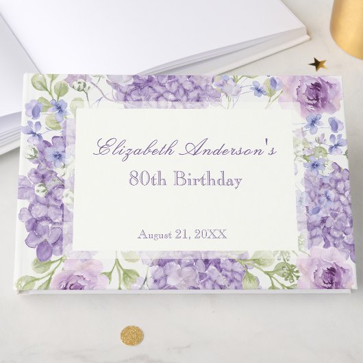 80歳の誕生日ゲストブック エレガントな紫の花 ゲストブック