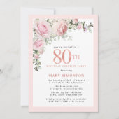 80歳の誕生日サプライズパーティー 淡いピンクの花 招待状 (正面)