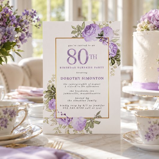 80歳の誕生日サプライズパーティー 紫のバラの花 招待状