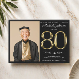80歳の誕生日サプライズ ブラックゴールド テキスト 写真パーティー 招待状
