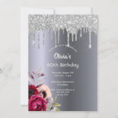 80歳の誕生日シルバーグリッタードリップブルゴーニュ花模様 招待状 (正面)