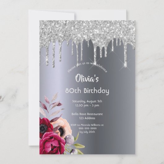 80歳の誕生日シルバーグリッタードリップブルゴーニュ花模様 招待状 (正面)