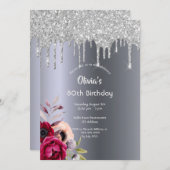 80歳の誕生日シルバーグリッタードリップブルゴーニュ花模様 招待状 (正面/裏面)