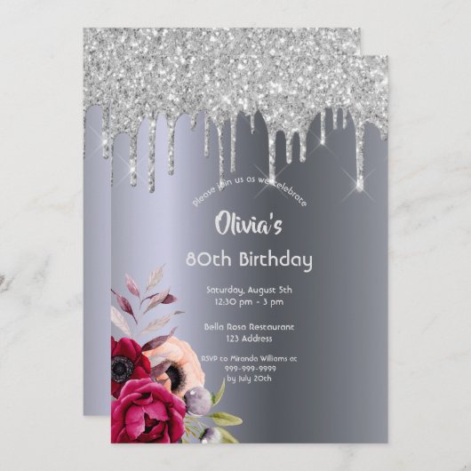 80歳の誕生日シルバーグリッタードリップブルゴーニュ花模様 招待状 (正面/裏面)