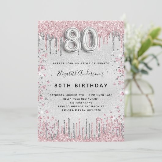 80歳の誕生日シルバーピンクの金属グリッターの塵 招待状 (スタンド正面)