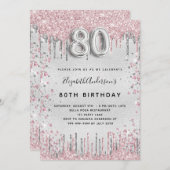 80歳の誕生日シルバーピンクの金属グリッターの塵 招待状 (正面/裏面)