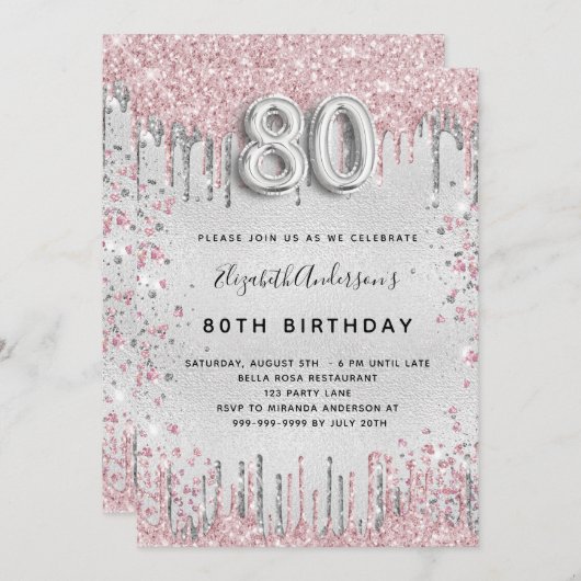 80歳の誕生日シルバーピンクの金属グリッターの塵 招待状 (正面/裏面)