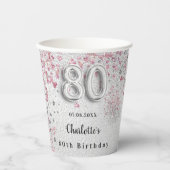 80歳の誕生日シルバーピンクグリッター 紙コップ (正面)