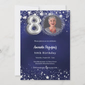 80歳の誕生日ネイビーブルーシルバースターズ写真贅沢 招待状 (正面)