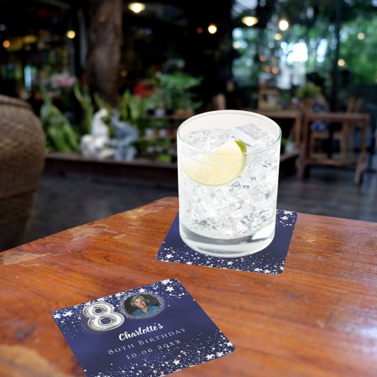 80歳の誕生日ネイビー・ブルー・シルバー・スターズの写真 スクエアペーパーコースター