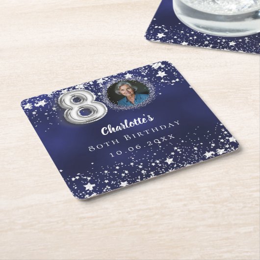 80歳の誕生日ネイビー・ブルー・シルバー・スターズの写真 スクエアペーパーコースター (アングル)