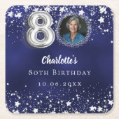 80歳の誕生日ネイビー・ブルー・シルバー・スターズの写真 スクエアペーパーコースター (正面)