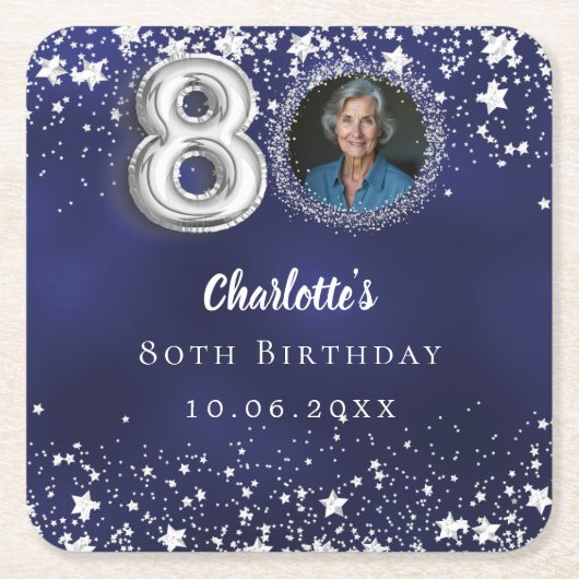 80歳の誕生日ネイビー・ブルー・シルバー・スターズの写真 スクエアペーパーコースター (正面)
