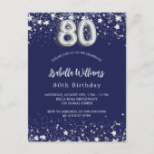 80歳の誕生日ネイビー・ブルー・シルバー・スターズ インビテーションポストカード (正面)