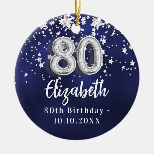80歳の誕生日ネイビー・ブルー・シルバー・スターズ セラミックオーナメント (正面)