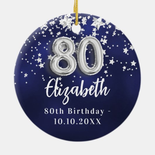 80歳の誕生日ネイビー・ブルー・シルバー・スターズ セラミックオーナメント (裏面)