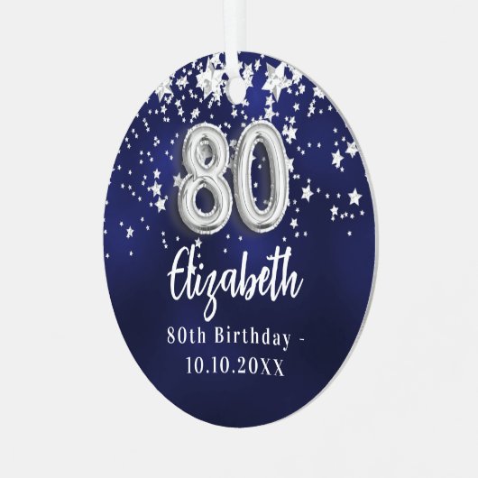 80歳の誕生日ネイビー・ブルー・シルバー・スターズ メタルオーナメント (正面左)