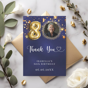 80歳の誕生日ネイビー・ブルー・金ゴールド・スター写真 サンキューカード