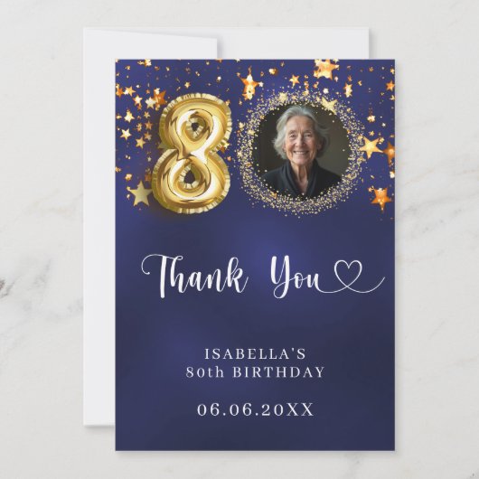 80歳の誕生日ネイビー・ブルー・金ゴールド・スター写真 サンキューカード (正面)
