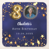 80歳の誕生日ネイビー・ブルー・金ゴールド・スター写真 スクエアペーパーコースター (正面)