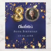 80歳の誕生日ネイビー・ブルー・金ゴールド・スター写真 ワインラベル (シングルラベル)