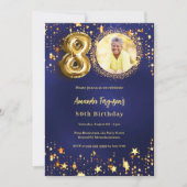 80歳の誕生日ネイビー・ブルー・金ゴールド・スター写真 招待状 (正面)