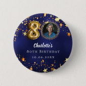 80歳の誕生日ネイビー・ブルー・金ゴールド・スター写真 缶バッジ (正面)
