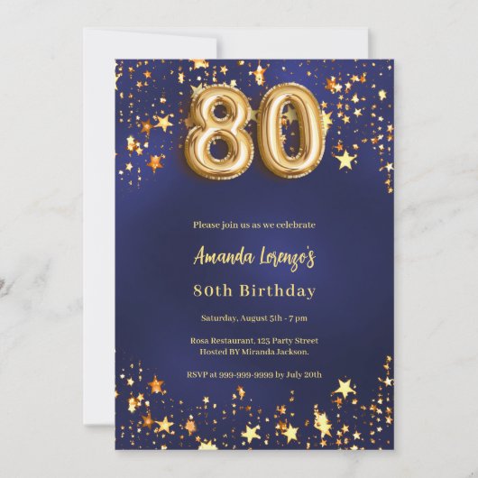 80歳の誕生日ネイビー・ブルー・金ゴールド・スター 招待状 (正面)