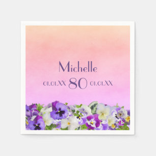 80歳の誕生日バイオレットパンジー花ピンク桃 スタンダードカクテルナプキン