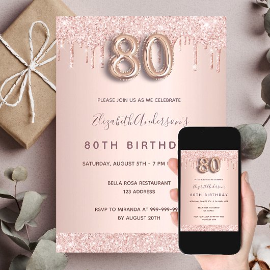 80歳の誕生日バラ金ゴールドグリッターはピンクのガラスを乾燥 招待状