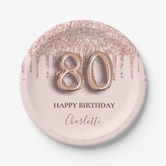 80歳の誕生日バラ金ゴールドグリッターピンクバルーンスタイル ペーパープレート (正面)