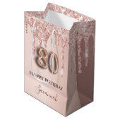 80歳の誕生日バラ金ゴールドグリッターピンクバルーンスタイル ミディアムペーパーバッグ (正面アングル)