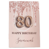 80歳の誕生日バラ金ゴールドグリッターピンクバルーンスタイル ミディアムペーパーバッグ (正面)