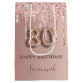 80歳の誕生日バラ金ゴールドグリッターピンクバルーンスタイル ミディアムペーパーバッグ (裏面)