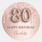 80歳の誕生日バラ金ゴールドグリッターピンクバルーンスタイル ラウンドシール (正面)