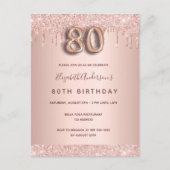 80歳の誕生日バラ金ゴールドグリッターピンク ポストカード (正面)