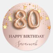 80歳の誕生日バラ金ゴールドスターピンクのバルーンフォント ラウンドシール (正面)