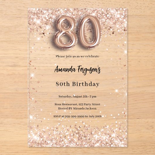 80歳の誕生日バラ金ゴールド澄んパーティー アクリル招待状 (正面)