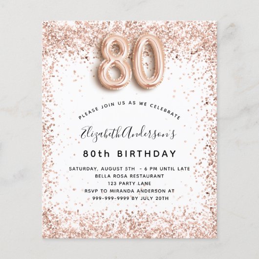 80歳の誕生日バラ金ゴールド白人予算の招待 チラシ (正面)