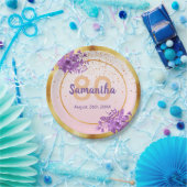 80歳の誕生日バラ金ゴールド紫の花模様名 ペーパープレート (パーティー)