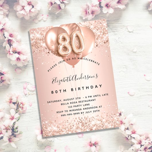 80歳の誕生日バラ金ゴールド赤面バルーンエレガント 招待状