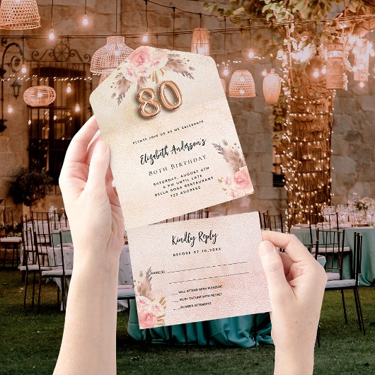 80歳の誕生日パンパスグラスバラピンク花模様RSVP オールインワン招待状