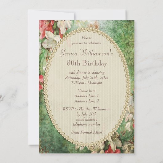 80歳の誕生日パーティーがみすぼらしいシック·ハイビスカスの花々 招待状 (裏面)