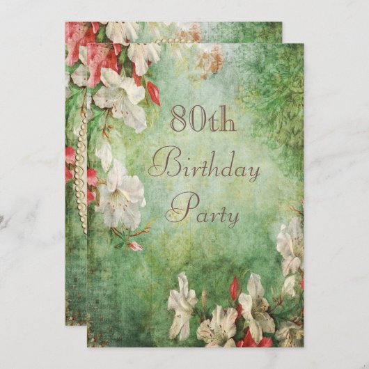 80歳の誕生日パーティーがみすぼらしいシック·ハイビスカスの花々 招待状 (正面/裏面)