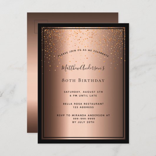 80歳の誕生日パーティーのブロンズブラウン黒の招待状 ポストカード (正面/裏面)