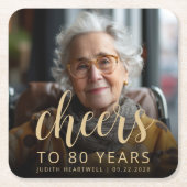 80歳の誕生日パーティーの写真で乾杯 スクエアペーパーコースター (正面)