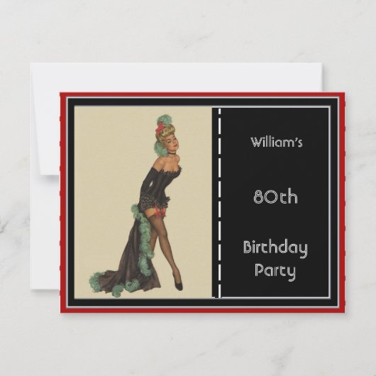 80歳の誕生日パーティーの招待状 赤黒ピンアップ 招待状 (正面)