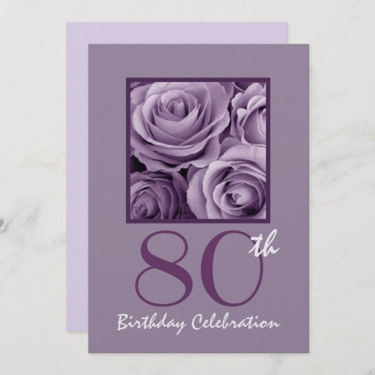 80歳の誕生日パーティーの招待薄紫パープルバラ 招待状 (正面/裏面)